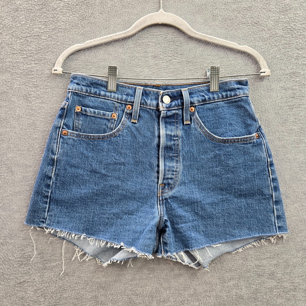 Levi's 501 Shorts W26 Blue Denim Cut Off Button Fly Cotton Elastane Logo